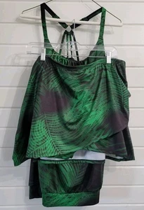 Two Piece Tankini W/ Swim Skirt Green Floral Plus Size 20 Lane Bryant By Cacique - Picture 1 of 10