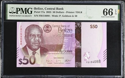 Belice 50 dólares 2025 P 77 a gema UNC PMG 66 EPQ SIN RESERVA Foto 1 de 3