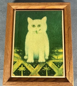 Arte de pared remache azulejo gato enmarcado en madera diseño Martin Leman gatito blanco 7,5" x 6" - Imagen 1 de 8