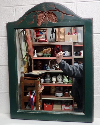 Distressed Green Wood Mirror Country Farmhouse Decor with Carved Pinecones Cover