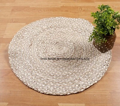 RUG ROUND NATURAL Circle Silver colour Jute Floor mat Carpet Organic Reversible - Image 1 of 3