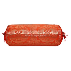Orange Bolster Cover Brocade Jacquard Gypsy Handmade Ethnic Tribal Hippie Pillow - Picture 1 of 5