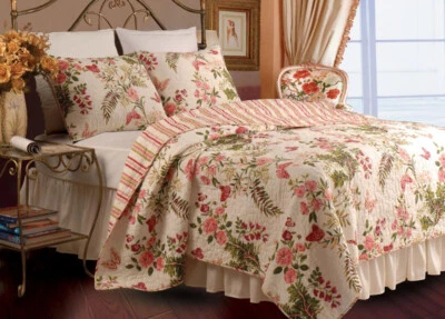 NEW! ~ COZY CHIC SHABBY TROPICAL IVORY VINE RED PINK ROSE GREEN LEAF QUILT SET - Image 1 of 3