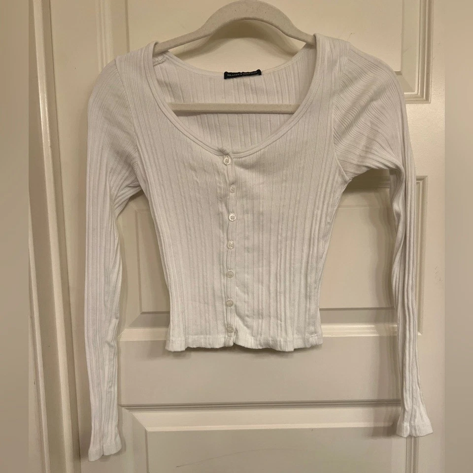 Brandy Melville White Ribbed Button-Up Women's Top, Size XS/S (160/84A) - Image 1 of 4