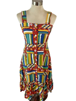 Vtg 1970's Colorful  Print Ruffle Hem Primary Color Sleeveless Sun Dress XS-S - Image 1 of 4