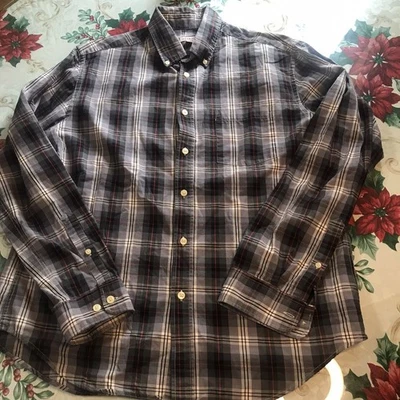 Camisa Merona Gris y Roja a Cuadros Sin Hierro Camisa Manga Larga Grande 100% Algodón Foto 1 de 4