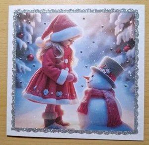 3D-Weihnachtskarte °Mädchen  Mit Schneemann° Grusskarte Weihnachten Handarbeit - Bild 1 von 1