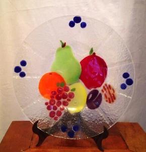 Fused Clear Bubble Glass Decorative Plate With Fruit Motif Handcrafted Beautiful - Picture 1 of 3