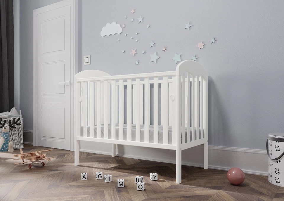 New Lilibet Baby White Cot with Drop Side – optional Fibre Mattress 120x60x10cm - Image 1 of 3