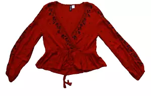 Embroidered Red V Neck Crop Top Blouse - Picture 1 of 6