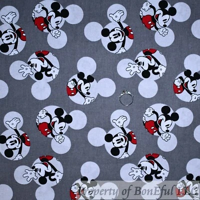 BonEful Fabric FQ Cotton Quilt Gray B&W Red Disney Mickey Mouse Head Face Boy US - Image 1 of 4