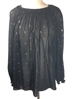 Ava & Viv Para Mujer 2X Negro Manga Larga Semi Transparente Dorado Acento Estampado Calado F79 Foto 1 de 4