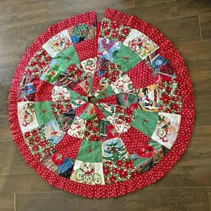 Vintage Handmade Christmas tree skirt patchwork cats and dogs 23.5" deep padded - Picture 1 of 11