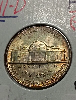 👉1941 -D Jefferson Nickel Bu Choice Rainbow Toning STUNNING Eye Appeal  - Image 1 of 4