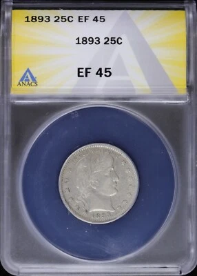 Cuarto de barbero 1893 25c ANACS EF 45 (XF, extra fino) Philadelphia Foto 1 de 4