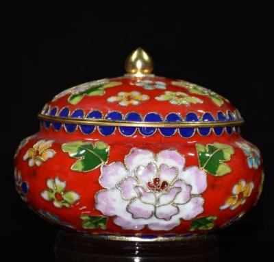 Exquisito noble cobre Cloisonne esmalte tallado flor almacenamiento maceta jarra Foto 1 de 4