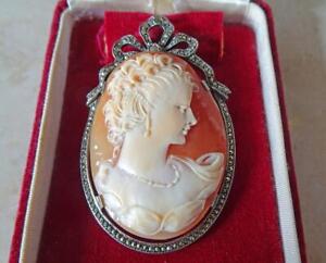 HUGE VINTAGE CAMEO BROOCH in SILVER & MARCASITE MOUNT of a HABILLE LADY With Box