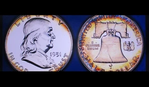 1951 FRANKLIN HALF DOLLAR PF62 DUAL TONED CHROMATIC ARTISTIC GEM PCGS/GS PQ+ - Picture 1 of 15