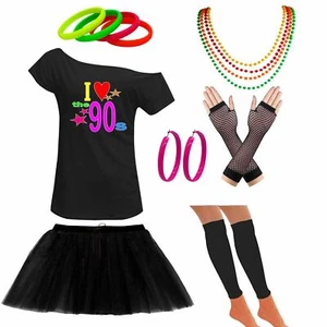 Ladies Off Shoulder I Love 90s T Shirt Tutu Skirt Set Party Accessories 6292 - Picture 1 of 24