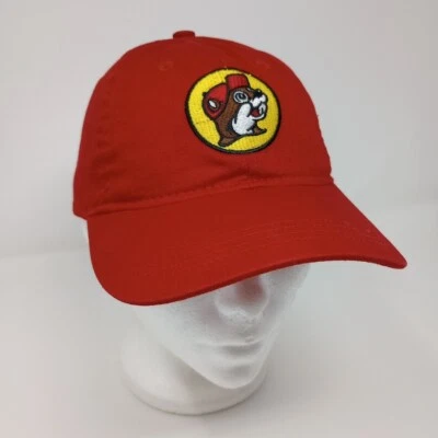 Gorra de béisbol ajustable 100 % algodón roja juvenil logotipo mascota gasolinera Bucees Foto 1 de 4