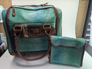 Samantha Brown Teal Brown Faux Croco Leather Wheeled Carry On Luggage w/Toiletry - Picture 1 of 14