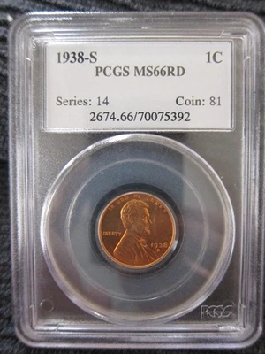 1938-S PCGS Lincoln wheat Cent MS66RD RED 1c penny WONDERFUL - Image 1 of 4
