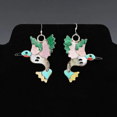 NATIVE AMERICAN ZUNI INLAY HUMMINGBIRD EARRINGS BY TAMARA PINTO - Image 1 of 4