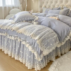 4 Pieces Bedding Set Luxury Lace Embroidered Duvet Cover Bed Skirt 2 Pillowcases - Picture 1 of 26