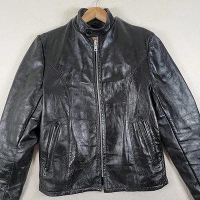 Chaqueta de moto de cuero negra vintage excelente forrada, talla 38, hecha en EE. UU. Foto 1 de 4