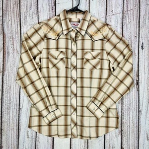 Roper Hemd Damen Large Beige Perlen Druckknopf Revolver Pistolen Rockabilly Karo - Bild 1 von 24