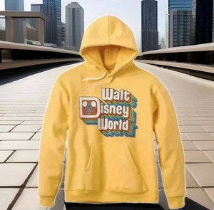 Disney Parks Walt Disney World Hoodie Sweatshirt Yellow Retro Graphic Adult Sz L - Picture 1 of 6