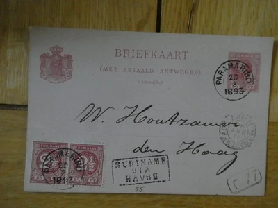 1893 СУРИНАМ двойной открытка Paramaribo Суринам через Гавр - Изображение 1 из 3