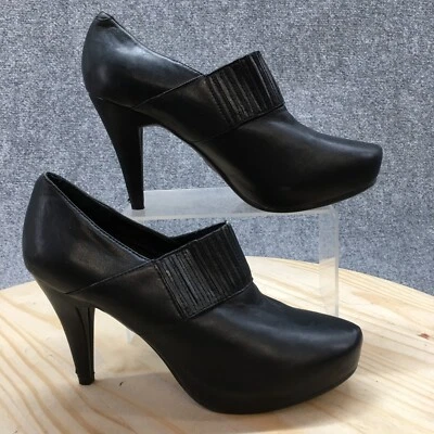 Me Too Ankle Booties Womens 8M Black Lexus Almond Toe Slip On Stiletto Leather - Image 1 of 4