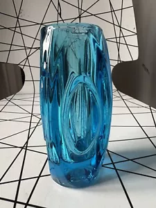 Sklo Union Rosice "Lens" Vase Rudolf Schrötter, Blue, Czech Midcentury 6” - Picture 1 of 14