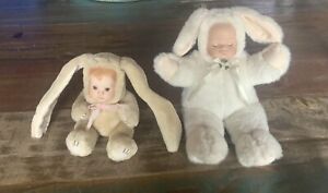 Vintage Plush Stuffed Babies Porcelain Faces In Bunny Suits Sleeping Glass Eyes