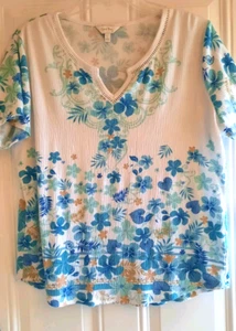 CORAL BAY Crinkle Knit Tee - L - Split V-Neck w/Openwork Trim, Short Sleeves - Picture 1 of 4
