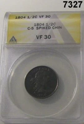 1804 1/2 CENT C-5 SPIKED CHIN ANACS CERTIFIED VF30 RARE VARIETY! #7327 - Image 1 of 3