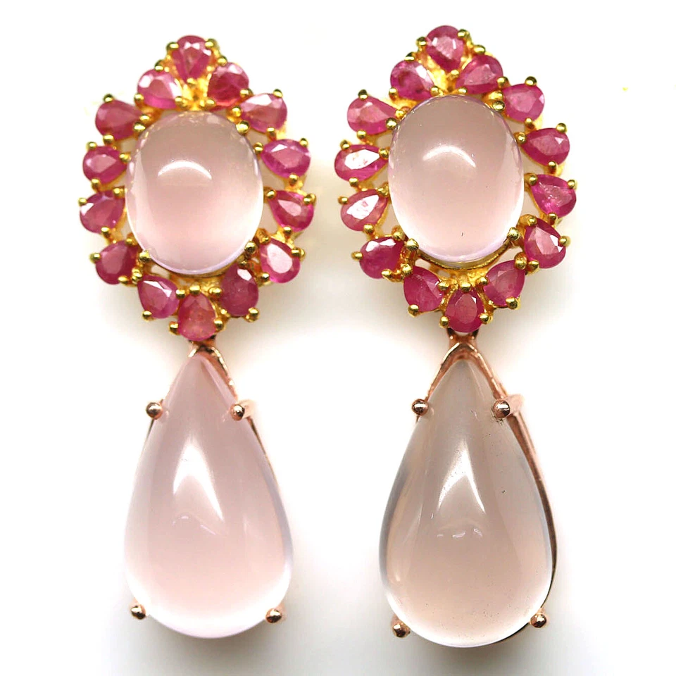 925 Sterling Silver 13 x 23 mm. Pink Rose Quartz & Red Ruby Earrings  - Image 1 of 4