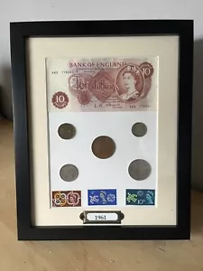 1961 Coin Stamp Bank Note Gift Set For Birthdays Anniversaries Framed - Picture 1 of 2