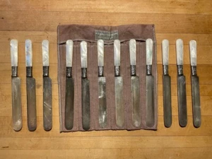 12 MOTHER OF PEARL HANDLE DINNER KNIVES STERLING CUFF BAND LANDERS FRARY & CLARK - Picture 1 of 7