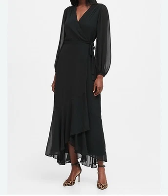 NWT Banana Republic Maxi Wrap Dress Black Size 14 V Neckline - Image 1 of 4