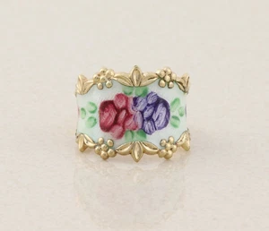 18k Gold Over Sterling Silver Painted Enamel Flower Ring Guilloche Size 9 - Picture 1 of 6