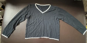 Anthropologie Lightweight Knit V-Neck Cotton Blend Sweater Black/White Trim M - Picture 1 of 2