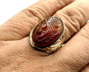 Islamic Protection Yemeni Aqeeq Orange Agate Ring 925 Sterling Silver Oval Stone - Picture 1 of 7