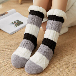 Women Striped Bed Slipper Sock Cable Knitted Winter Thermal Lined Sleeping.Socks