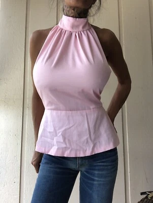 Vintage Halter Crop Top 60’s Pink Satin Open Back - Image 1 of 4