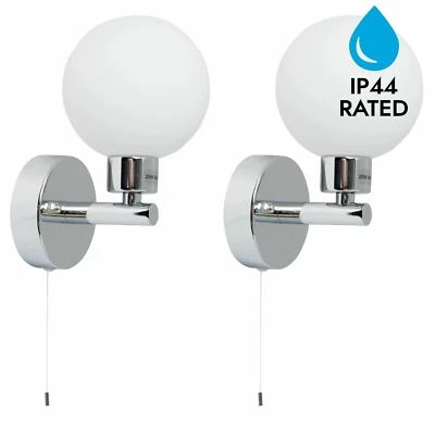 Pair of Modern Chrome IP44 Bathroom Globe Pull Cord Switch Wall Lights Zone 2 3 - Image 1 of 4