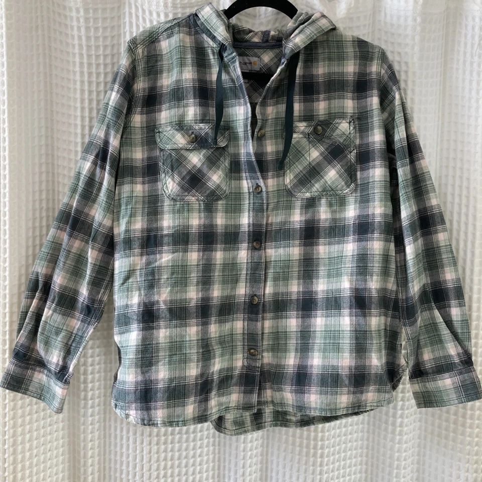 Cazadora Carhartt vintage para niños XL verde franela a cuadros L 12/14 capucha para exteriores Foto 1 de 4