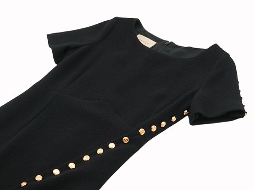 Gucci Abito Lana Pezzo Unico Manica Corta Girocollo Spacco Tono Nero Bottone Gg La