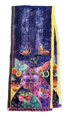 BUFANDA DE SEDA 11"x 52" azul dorado púrpura verde LAUREL BURCH de colección gatos + mariposas Foto 1 de 4
